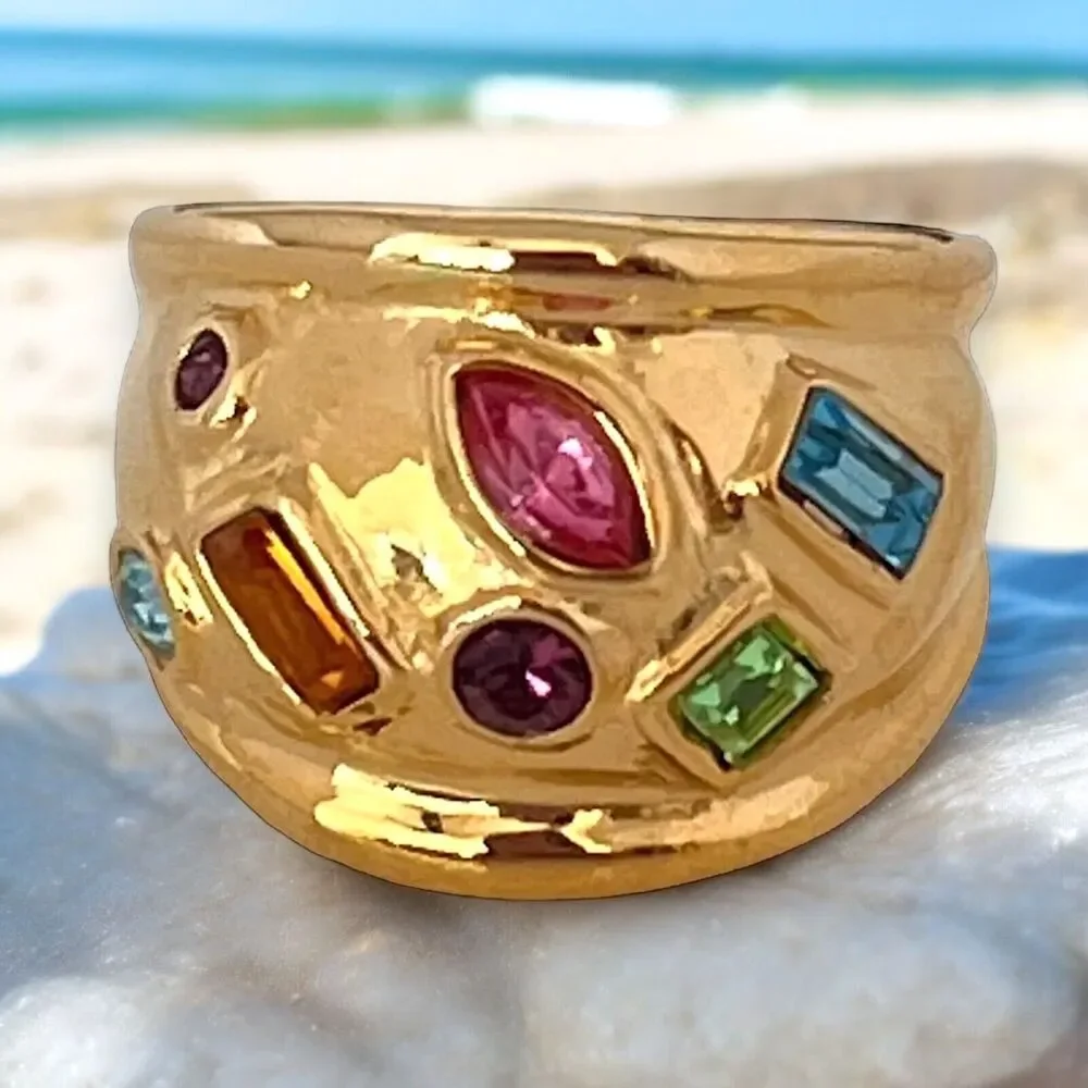 Vintage 1980s Ring Size 8 DG Multi Color CZ Wide Gold Plated Band - 14T